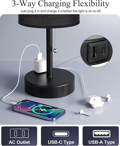 Fenmzee Large Black Bedside Lamps Set of 2-3 Color Temperatures Pull Chain Lamp with AC Outlet Charging Port, Two Round Night Stand Lamps for Bedroom Guest Room Office, Bed Side Light