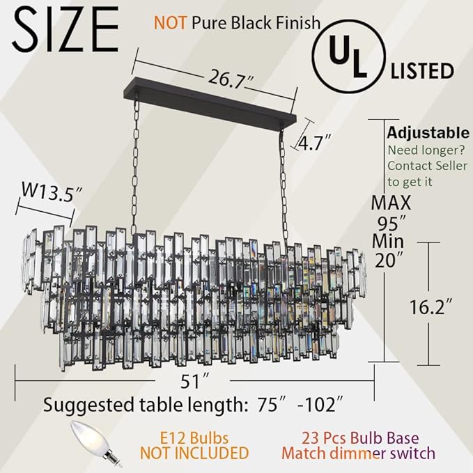 Crystal Chandelier Modern Farmhouse Chandeliers for Dining Room Lighting Fixtures Black and Bronze Rectangular Chandelier Ceiling Hanging 50’’