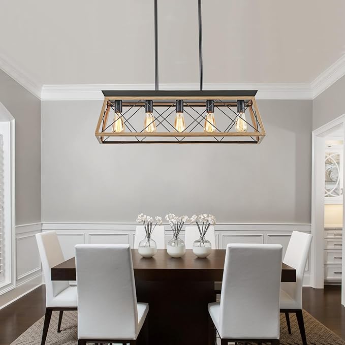 5-Light Farmhouse Dining Room Chandelier Over Table, Rustic Kitchen Island Lighting, Adjustable Height Pendant Light for Kitchen, Dining Room Table Rustic Wood