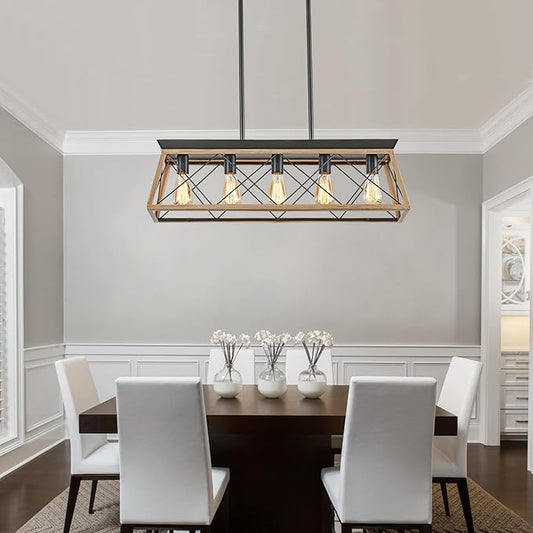 5-Light Farmhouse Dining Room Chandelier Over Table, Rustic Kitchen Island Lighting, Adjustable Height Pendant Light for Kitchen, Dining Room Table Rustic Wood