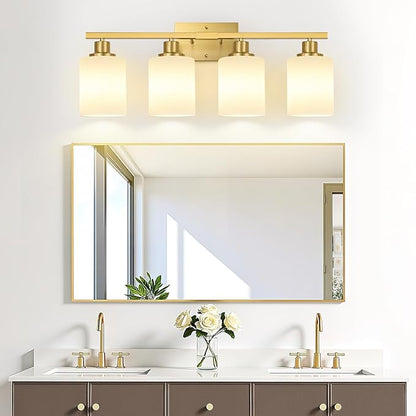 MOKATNG 4-Light Bathroom Light Fixtures, Brushed Gold Vanity Light with Milky White Shades, Bathroom Lighting Fixtures Over Mirror, Modern Bathroom Wall Lamp for Mirror Living Room Cabinet Bedroom