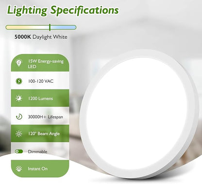 LED Flush Mount Ceiling Light Fixture, 100W Equivalent Modern Kitchen Recessed Ceiling Lamp 5000K Daylight White 15W 1200Lm 7 Inch Closet Round Surface Mount for Laundry Bedroom Hallway(Pack of 6)