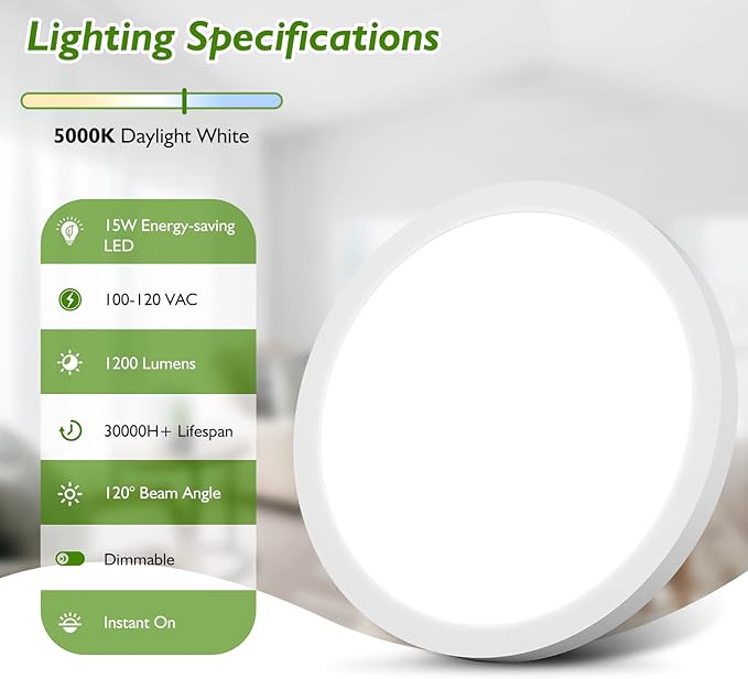 LED Flush Mount Ceiling Light, 7 Inch Dimmable LED Ceiling Light Fixture 15W 100W Equivalent, 1200LM 5000K Daylight White Ultra Thin Flat Led Lights for Kitchen, Bedroom, Hard-wired Closet Light