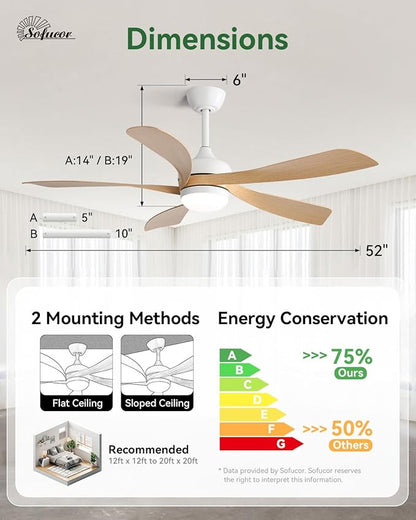 Sofucor 52 Inch Ceiling Fans with Lights and Remote, Outdoor Ceiling Fan with Light 6-Speed 3 CCT 3-Timer, Modern Low Profile Ceiling Fan 5 Blade Reversible DC Motor for Living Room Bedroom Patio