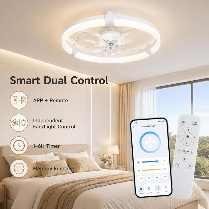 19" Low Profile Ceiling Fan with Lights and Remote, Modern White Flush Mount Bladeless Ceiling Fan, App Control Smart Fandelier, 6 Speeds Reversible Motor, Dimmable LED Fan Light for Bedroom, Kitchen