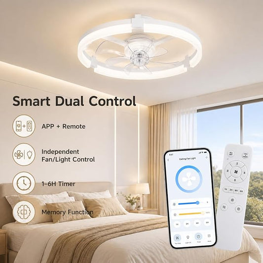 19" Low Profile Ceiling Fan with Lights and Remote, Modern White Flush Mount Bladeless Ceiling Fan, App Control Smart Fandelier, 6 Speeds Reversible Motor, Dimmable LED Fan Light for Bedroom, Kitchen