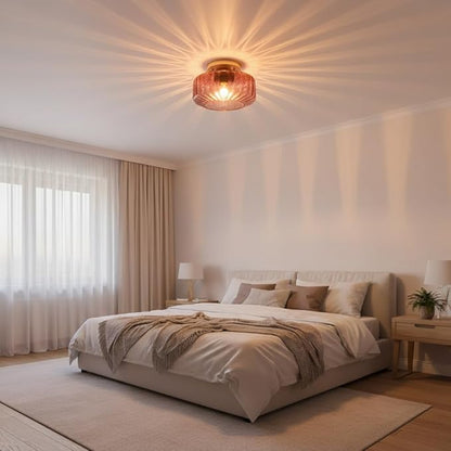 8.66" Low-Profile Purple Glass Flush Mount Ceiling Light, Gold Metal 1-Light Fixture, Easy Install Semi-Flush Ceiling Lamp for Small Bedrooms, Bathrooms, Closets