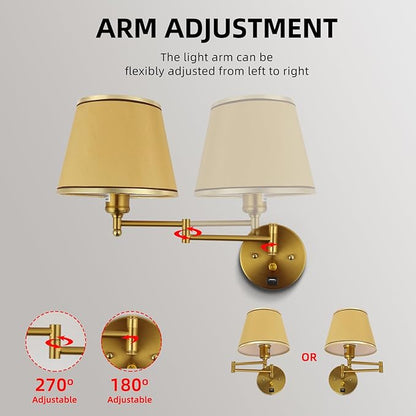 Plug-in Wall Sconce Swing Arm 1-Light Wall Mount Lamp with USB Charging Port Wall Sconce Lighting with Dimmable On Off Switch Gold Fabric Shade Brass Wall Lamp Light Fixture