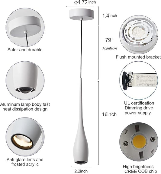 White Pendant Light for Kitchen Island, LED Dimmable Pendant Light fixtures, Small Modern Industrial Hanging Pendant Light for Over Sink, Bar, Dining Room, Bedside