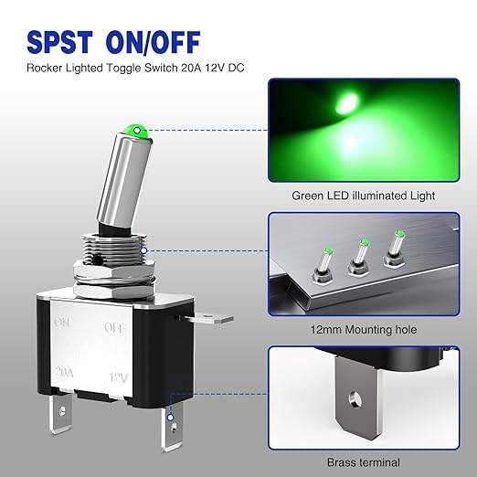 Nilight 3PCS Green LED Toggle Switches 12V 20A 3 Pin 2 Position ON Off SPST Heavy Duty Rocker Switch for Auto Car Marine RV Vehicles Truck Boat Dash