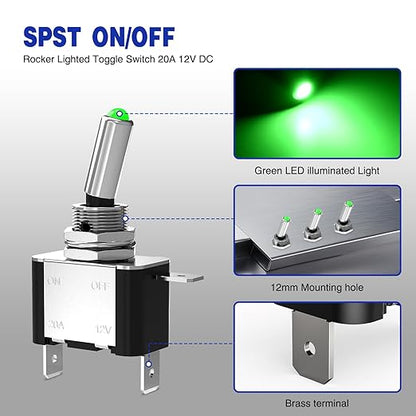 Nilight 3PCS Green LED Toggle Switches 12V 20A 3 Pin 2 Position ON Off SPST Heavy Duty Rocker Switch for Auto Car Marine RV Vehicles Truck Boat Dash