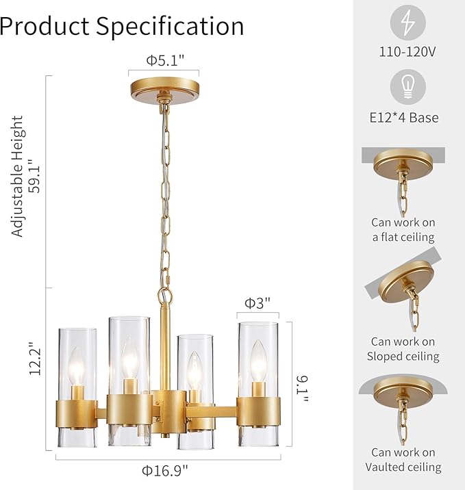 WUZUPS Industrial Chandelier 4-Light with Clear Glass Modern Farmhouse Round Light Fixture for Dining Room Kithen Island Foyer, Width 16.9" Height 12.2", Gold