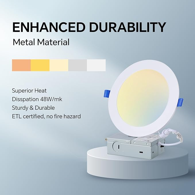 Simple Deluxe 12 Pack 6 Inch Ultra-Thin Recessed Ceiling Light with Junction Box,2700K-5000K 5CCT,1050LM 12W Eqv 110W Brightness Dimmable Canless Wafer Downlight ETL&FCC