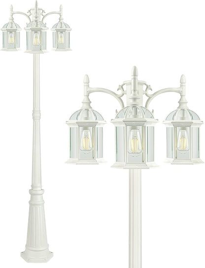 3-Head Outdoor Lamp Post Light Birdcage, Waterproof Outside White Street Light Pole with Clear Glass Shade for Yard, Garden, Patio, Path, Driveway