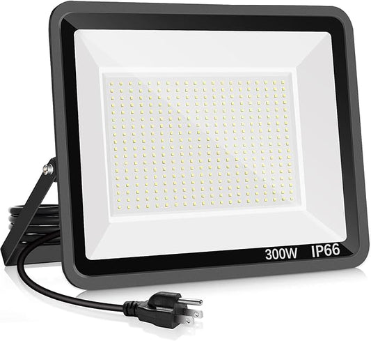 YANYCN 300W LED Flood Light Outdoor,2000W Equivalent 5000K Daylight White Super Bright FloodLight with Plug,43500LM IP66 Waterproof Commercial Lighting for Sports Fields,Counts,Arena,Stadium