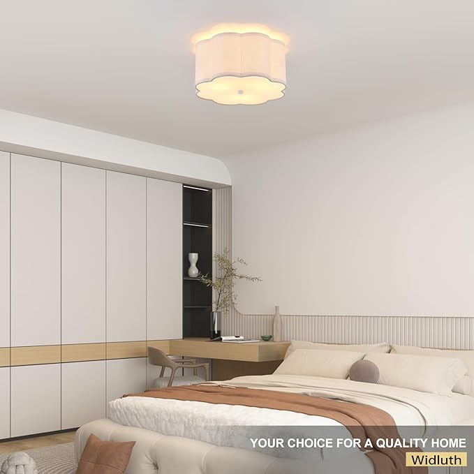 Modern Drum Semi Flush Mount Ceiling Light Fixture Modern 12.99” White 3-Lights Drum Ceiling Lighting Vintage Linen Ceiling Lamp for Kitchen, Basement, Dining Room, Bedroom, Laundry Room