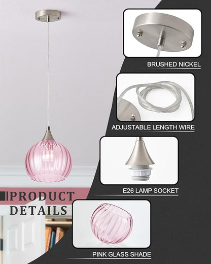 Brushed Nickel Pendant Lights Kitchen Island, Globe Pendant Light Fixtures with 8 Inch Clear Glass Shade, Modern Hanging Light Fixtures for Kitchen, Bedroom (1 Pack - Pink Glass Pendant Light)