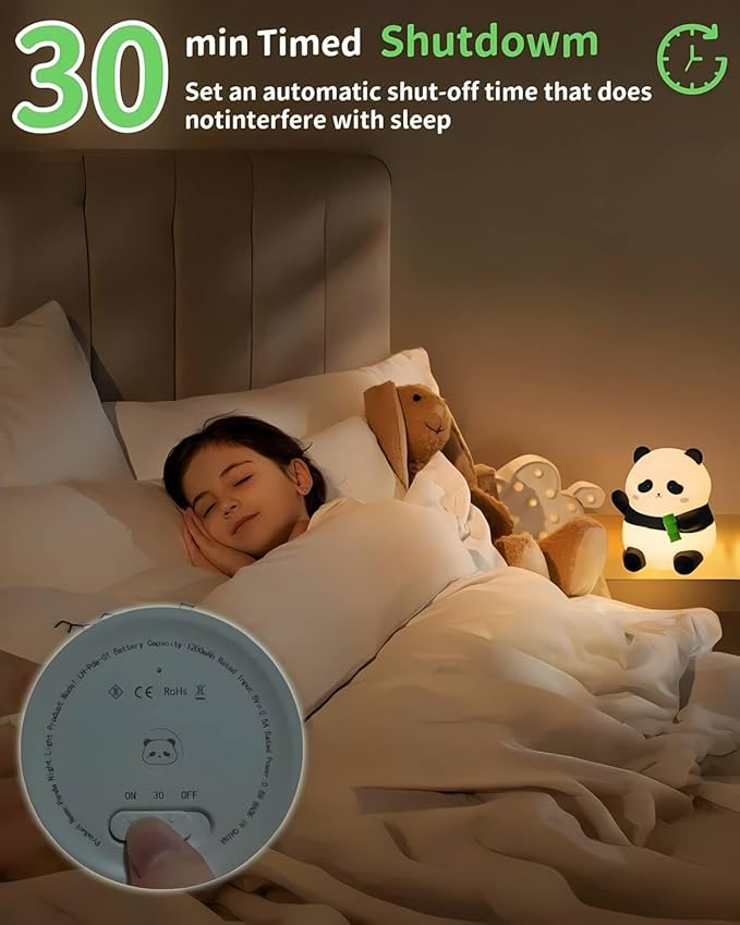 Panda Night Light Squishy, 50Hrs Battery Kids Nightlight, Tap Control 2 Brightness, 30Min Auto-Off, Rechargeable Bedside Lamp for Nursery Toddlers, [Mothers Day Gifts]