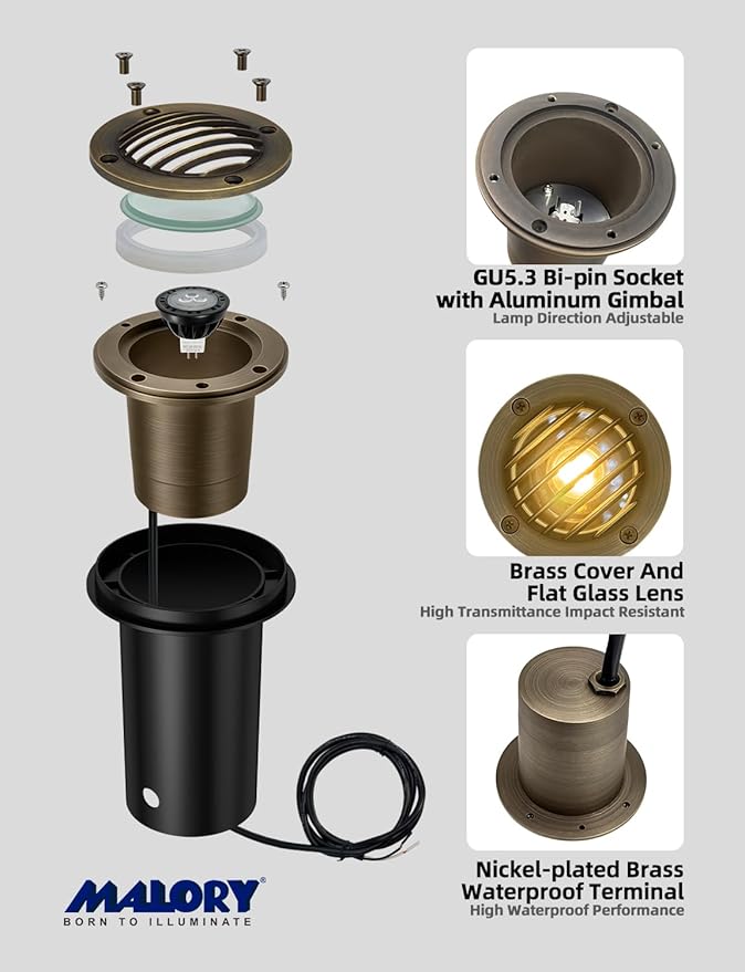 MALORY Brass Landscape Well Lights,（φ99 mm 12V Low Voltage In Ground Lights,Anti-Glare Landscape Lighting with MR16 for Pathway, Driveway (Full Brass -01B, 1-Pack with Bulb)