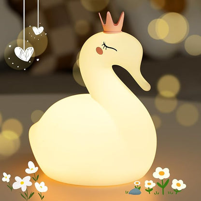 Silicone Night Light for Kids – Rechargeable Tap Control Lamp with 8 Colors, Cute Animal Design for Nursery, Toddler Room Decor, Gifts for Girls and Boys (Swan)
