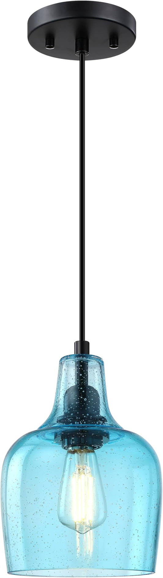 2 Pack 1 Light Indoor Hanging Kitchen Island Pendant Ceiling Light 6.1" Blue Glass Fixture,Black Finish for Farmhouse Over Sink Bedroom Hallway