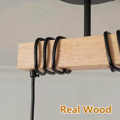 2 Light Farmhouse Ceiling Light,Pendant Light Kitchen Island,Dining Room Chandelier Light Fixture Over Table,Rustic Hanging Light for Kithen,Dining Room,Real Wood,Black Metal Cage