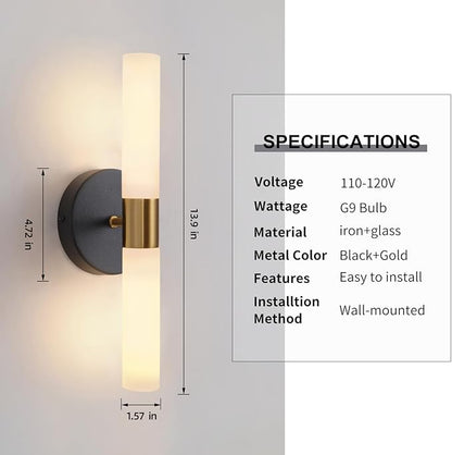 KUZZULL Wall Sconces Set of Two Black and Brass Lamp Sconces Lighting with White Glass Lights Wall Light Sconces Wall Decor Set of 2 for Living Room Wall Scones, Wall Lights