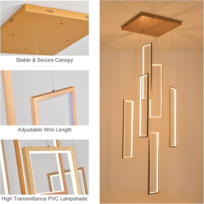 GEADI Modern Led Chandelier with Remote, Foyer Chandeleirs for High Ceilings, Dimmable Large Chandelier Staircase Pendant Light Fixture for Entryway Living Room(6 Lights,3000-6500K)