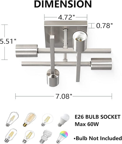 4-Light Semi Flush Mount Ceiling Light, Modern Brushed Nickel Close to Ceiling Light Fixtures, Easy Assembled, House Indoor Ceiling Lights for Bedroom Living Room Entryway