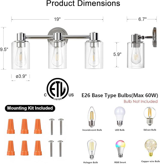 3 Light Bathroom Wall Light Fixtures Chrome Bathroom Wall Sconce with Clear Glass Lights Over Mirror Vanity Lights E26 Base