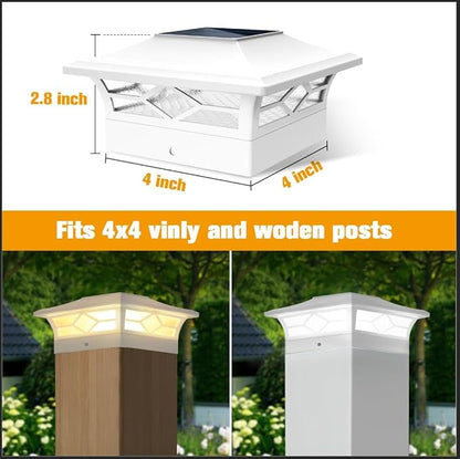 JOFIOS Solar Fence Post Lights 6pack, Cap Lights for 4x4/5x5 Vinyl Fence and 4x4/6x6 Wooden Post, Warm White/Cool White Lighting, White Solar Cap Outdoor Waterproof Decorate Garden Pathway Deck Patio