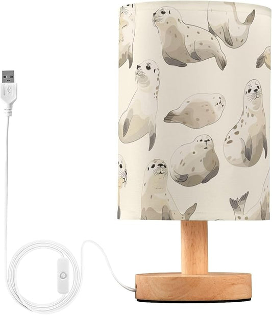 Bedside Table Lamp Cute Fur Seal Animal Nightstand Lamp with Wood Desk Lamps for Bedroom Living Room Nursery Office Home Decor