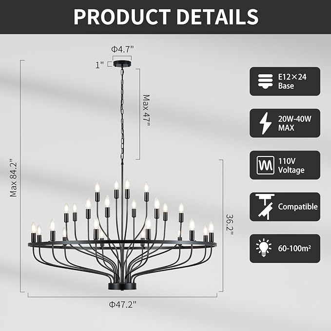 47.2" Large Black Chandelier 24 Light Rustic Industrial Candle Chandeliers Modern Farmhouse Vintage Wagon Wheel Chandelier for Dining Room, Kitchen Island, Hallway, Living Room, Foyer, E12