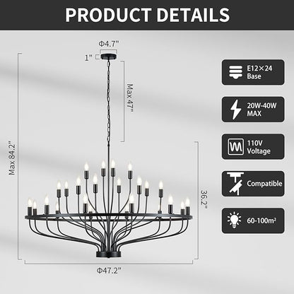 47.2" Large Black Chandelier 24 Light Rustic Industrial Candle Chandeliers Modern Farmhouse Vintage Wagon Wheel Chandelier for Dining Room, Kitchen Island, Hallway, Living Room, Foyer, E12