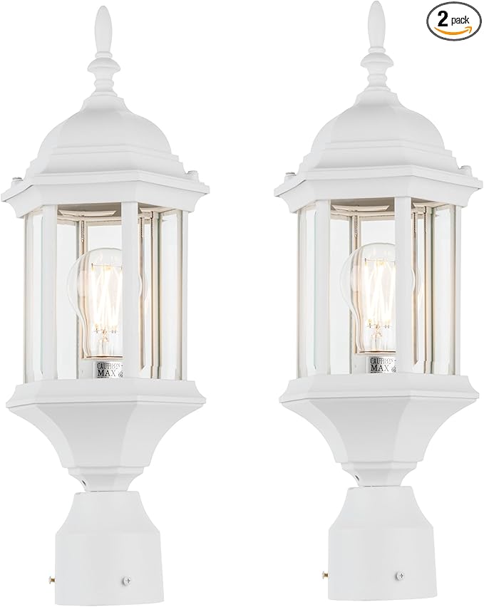 LIT-PaTH Outdoor Post Lighting Fixture Pole Lantern, E26 Medium Base Max 60W, Aluminum Housing Plus Glass, 2-Pack, White Finish