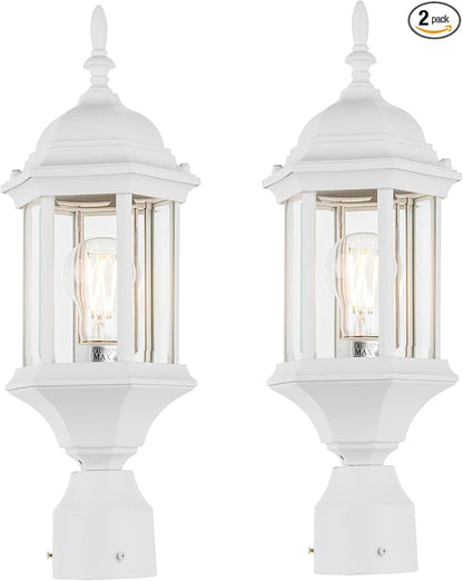 LIT-PaTH Outdoor Post Lighting Fixture Pole Lantern, E26 Medium Base Max 60W, Aluminum Housing Plus Glass, 2-Pack, White Finish