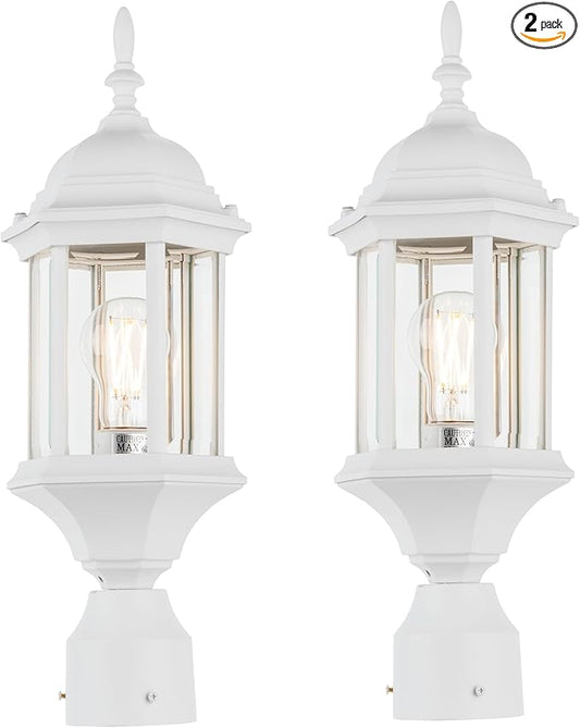 LIT-PaTH Outdoor Post Lighting Fixture Pole Lantern, E26 Medium Base Max 60W, Aluminum Housing Plus Glass, 2-Pack, White Finish