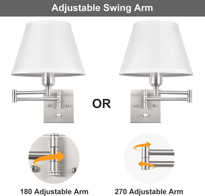 TRLIFE Wall Sconce Plug in, Dimmable Wall Sconces Set of 2 Brushed Nickel Swing Arm Wall Lights with Plug in Cord and On/Off Dimmer Rotary Switch, 9.4" Medium White Fabric Shade(2 Pack, 2 Bulbs)