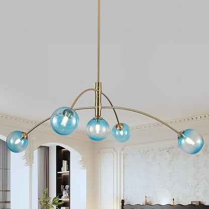 Gold Modern Chandelier 5 Light Blue Glass Sputnik Chandelier Mid Century Globe Hanging Light for Dining Room Kitchen Island Bedroom Living Room 41.3IN Diameter