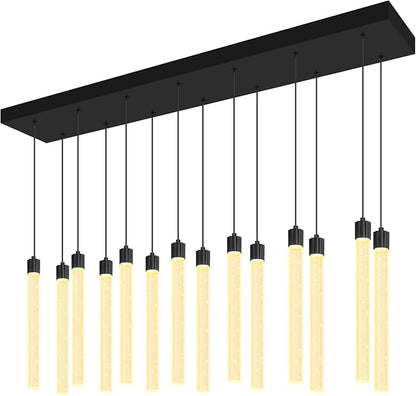 Modern Rectangular Crystal Chandelier for Dining Room LED Dimmable Pendant Light Kitchen Island Entrance Foyer Living Room Adjustable Height 14-Lights Black