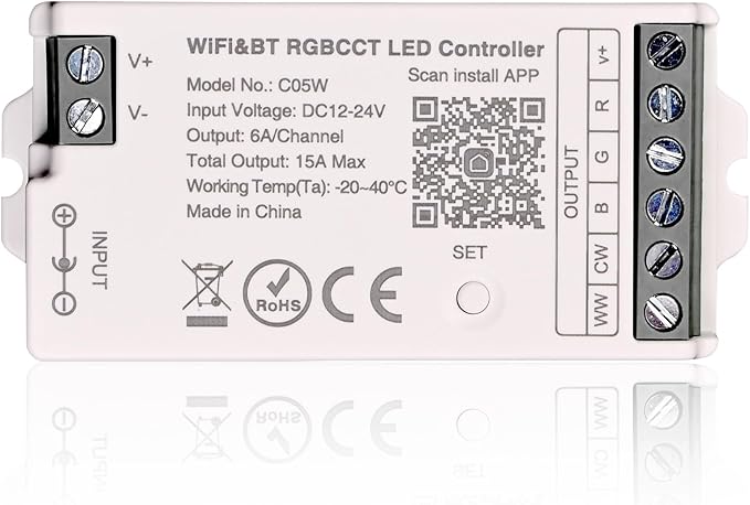 C05W RGBCCT LED Controller, Tuya WiFi 2.4G RF, 6Pin PWM for SMD FCOB Strip, APP & Voice Control, Compatible with Alexa Google Home, Compatible with WR01RF RC03RFB RC04RFB RC05RFB Remote