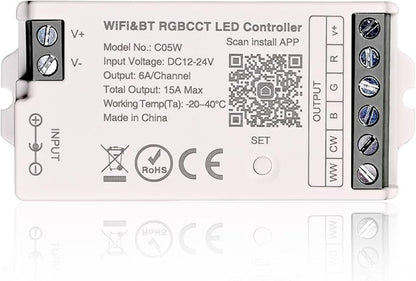 C05W RGBCCT LED Controller, Tuya WiFi 2.4G RF, 6Pin PWM for SMD FCOB Strip, APP & Voice Control, Compatible with Alexa Google Home, Compatible with WR01RF RC03RFB RC04RFB RC05RFB Remote