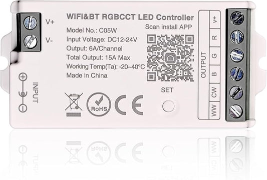 C05W RGBCCT LED Controller, Tuya WiFi 2.4G RF, 6Pin PWM for SMD FCOB Strip, APP & Voice Control, Compatible with Alexa Google Home, Compatible with WR01RF RC03RFB RC04RFB RC05RFB Remote