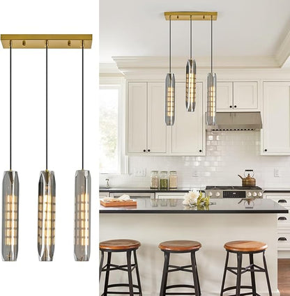 3-Light Linear Pendant Light for Kitchen Island, Modern Brass Ceiling Hanging Lamp with Smoked Glass Shades, Adjustable Height Island Lighting for Dining Room, Bar, Living Room