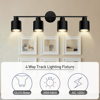 4-Light Led Track Lighting,Black Ceiling Lighting Fixtures,Wall Sconces Ceiling Spotlight with Foldable Light Arms for Kitchen, Closet, Bedroom,GU10 Socket, Bulbs Not Included
