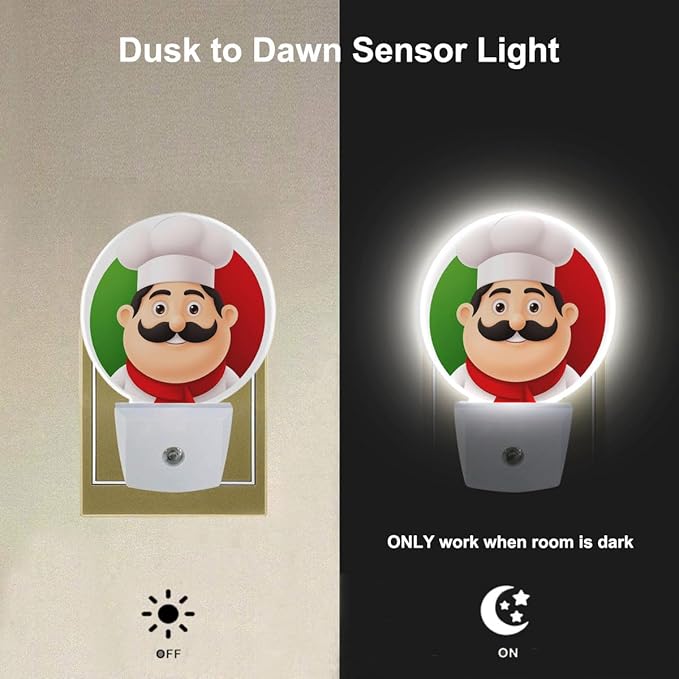 EKOBLA Italian Chef Plug-in Night Light, Cute Cartoon Chef LED Nightlight with Auto Sensor for Holiday Gifts