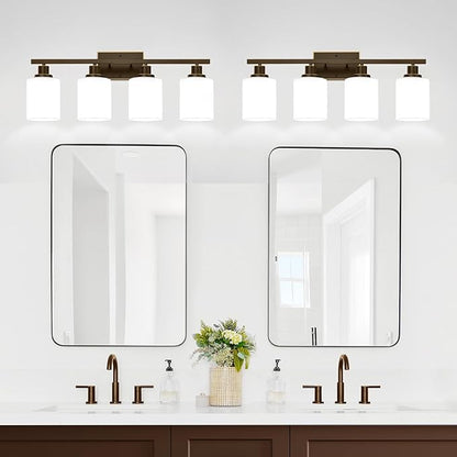 MOKATNG 4-Light Bathroom Light Fixtures, Vanity Light with Milky White Shades, Oil-Rubbed Bronze Bathroom Light Fixtures Over Mirror, Modern Bathroom Wall Lamp for Mirror Living Room Cabinet Bedroom