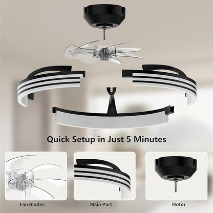 Ceiling Fans with Lights and Remote, 19.7" Black Low Profile Ceiling Fan, Modern Flush Mount LED Fan Light, 6 Wind Speeds Fandelier Ceiling Fan with Light for Bedroom, 3000-6500K Dimmable