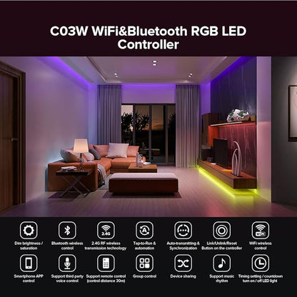 SEZO C03W WiFi Bluetooth RGB LED Strip Controller Group Control Support Tuya Smart Life APP/Voice Control Compatible with LM091 LM096 LM007 LM097 RGB Remote DC12-24V