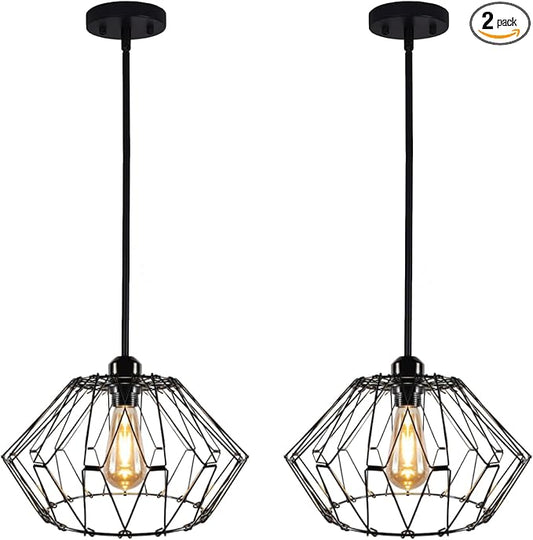 KOSTA Industrial Pendant Lights, Black Hanging Ceiling Lights with Metal Cage for Kitchen Dining Restaurant Room Hallway Hotel Bar, 14.4 Inch, E26, Bulb Not Included, 2-Pack